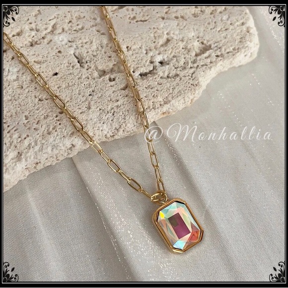 14k Gold Aurora Borealis Prism Emerald Cut Crystal Minimalist Necklace - Picture 4 of 7